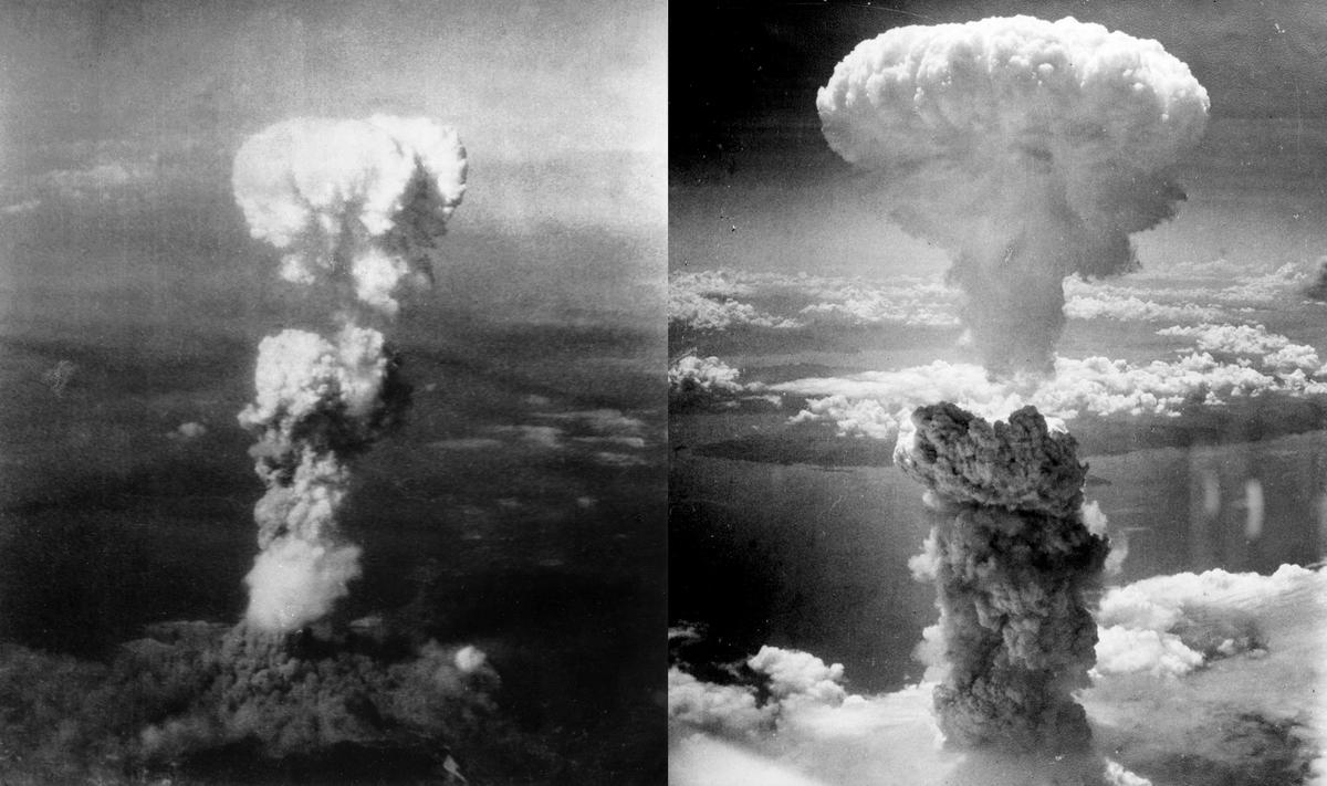 Ядерный гриб над Хиросимой (слева) и Нагасаки (справа). Фото:  Wikimedia Commons , George R. Caron.
