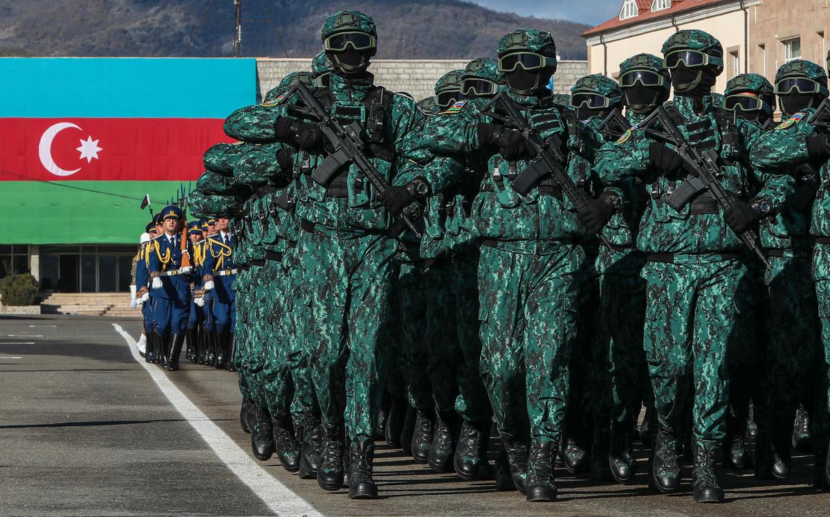 An Azerbaijani victory parade is held in Khankendi, known to Armenians as Stepanakert, the former capital of Nagorno-Karabakh on 8 November 2023. Photo: EPA-EFE / STRINGER