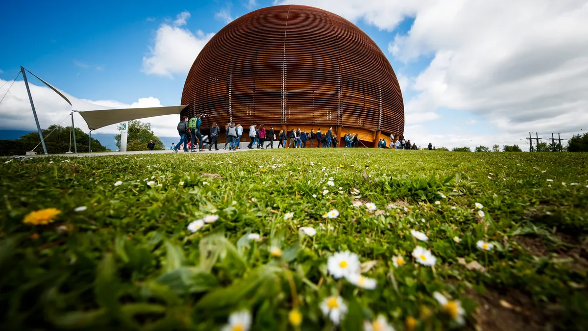 The globe of science and innovation at the CERN, the European Organization for Nuclear Research, in Meyrin near Geneva, Switzerland. Photo: EPA/VALENTIN FLAURAUD