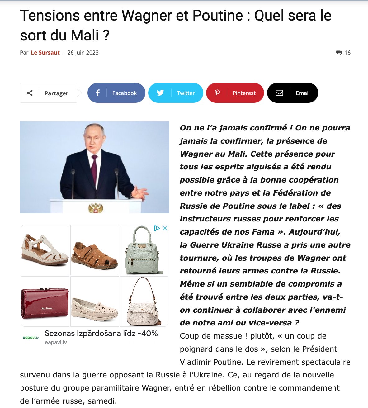 «Напряжение между Вагнером и Путиным: какова будет судьба Мали?» Скриншот с сайта Maliweb.net