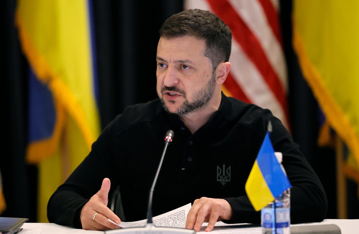 Ukrainian President Volodymyr Zelensky addresses the Ukraine Defence Contact Group at the US military’s Ramstein Air Base, Germany, 6 September 2024. Photo: EPA-EFE / RONALD WITTEK