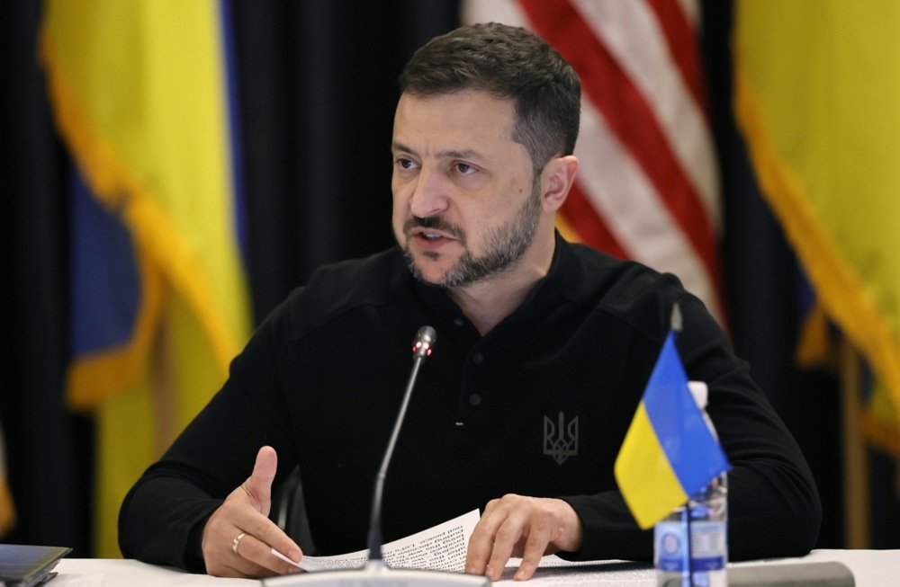 Ukraine’s President Volodymyr Zelensky delivers an address during the seventh meeting of the Ukraine Defense Contact Group (UDCG) at the US Air Base in Ramstein, Germany, 06 September 2024. Photo: EPA-EFE/RONALD WITTEK