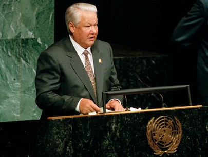 Президент РФ Борис Ельцин выступает с трибуны Генеральной Ассамблеи ООН в октябре 1995 года. Фото: ООН