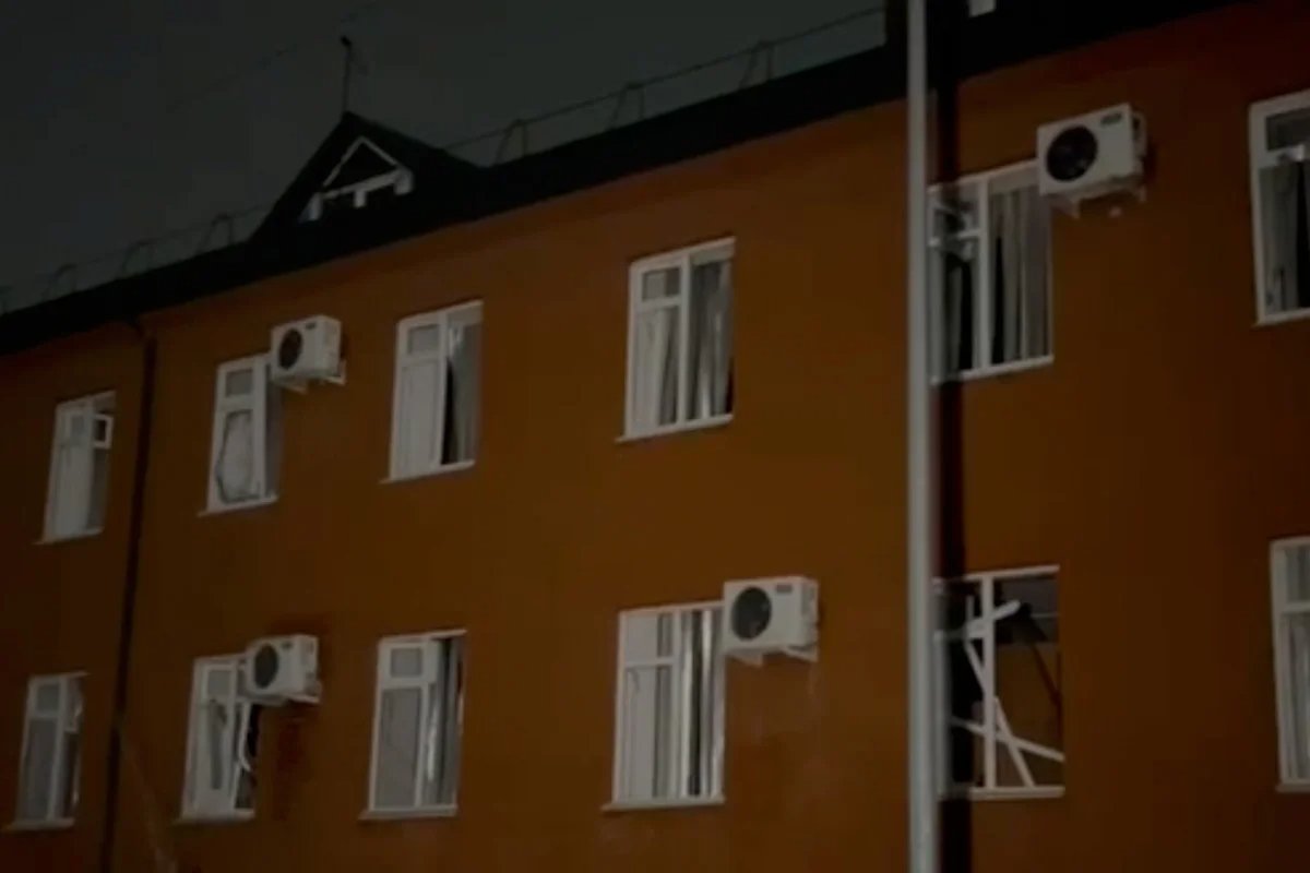 A drone that detonated mid-flight damaged a roof and smashed windows in Grozny. Photo: screenshot from a video posted on Kadyrov’s Telegram channel