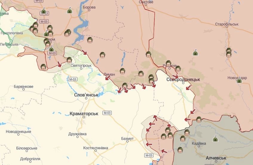 Согласно интерактивной карте волонтерского проекта DeepStateMap.Live, Лиман находится в зоне наступления войск РФ