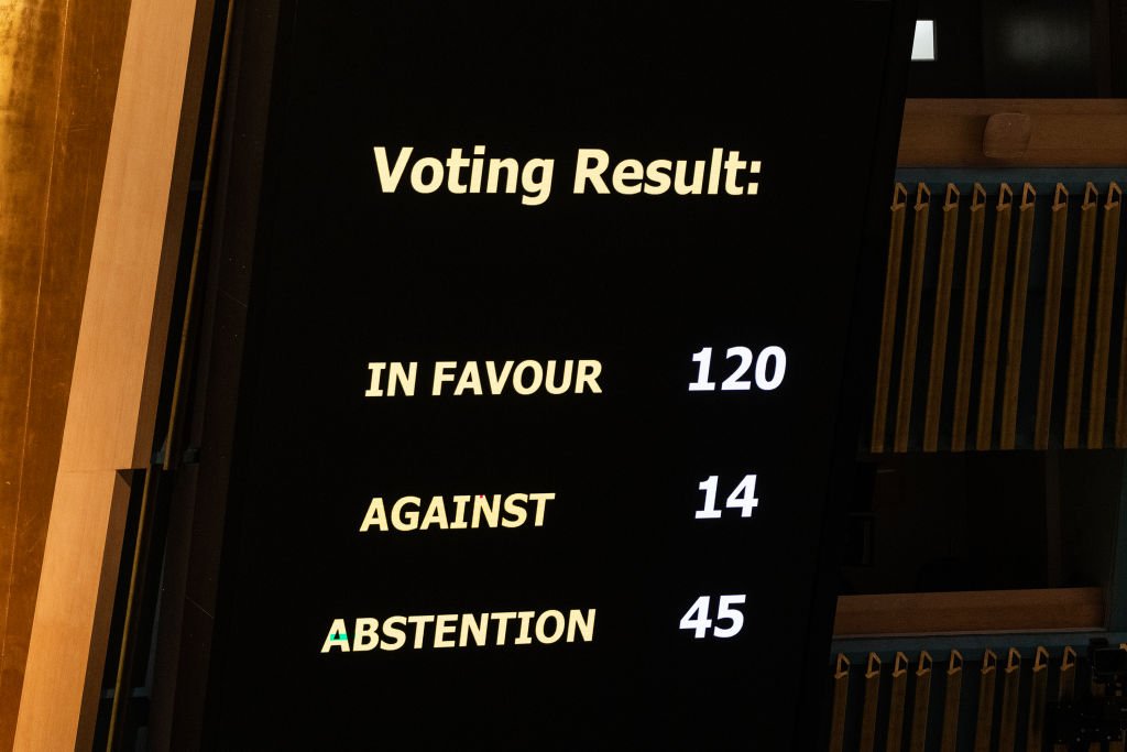Итоги голосования Генеральной Ассамблеи по резолюции по израильско-палестинскому конфликту в штаб-квартире ООН. 27 октября 2023 года. Фото: Lev Radin / Pacific Press / LightRocket / Getty Images