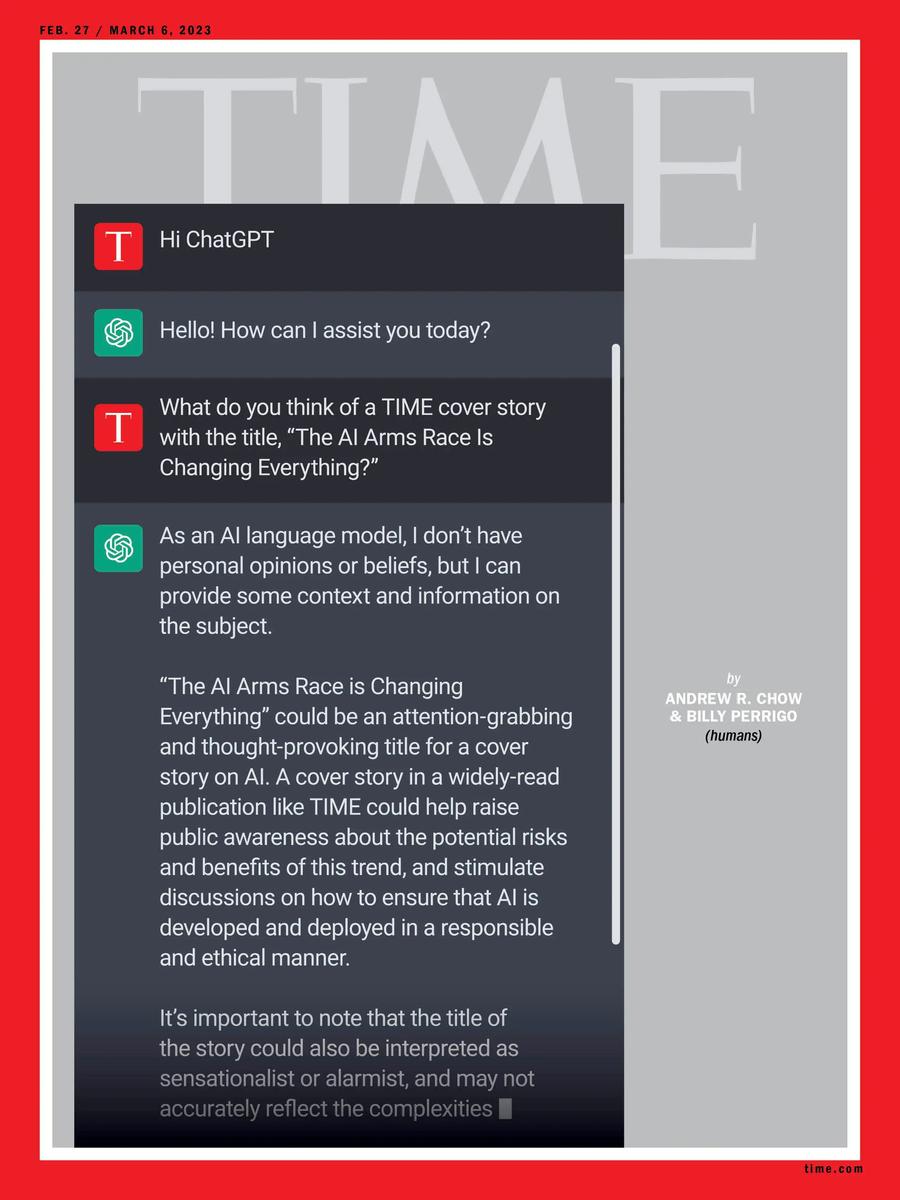 В феврале 2023 года журнал Time поместил на обложку диалог с ChatGPT. Фото: time.com