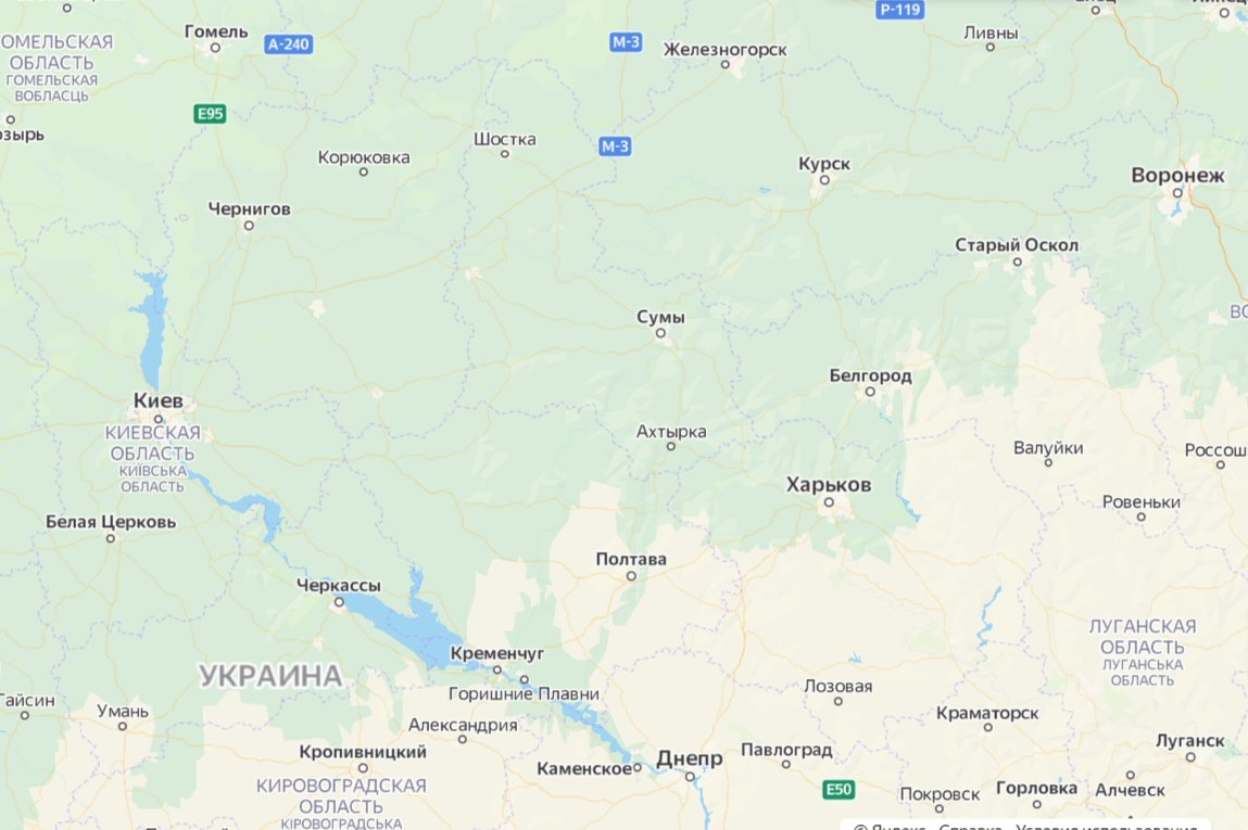 Место, где должны быть показаны границы между Россией, Украиной и Беларусью. Скрин: «Яндекс.Карты»