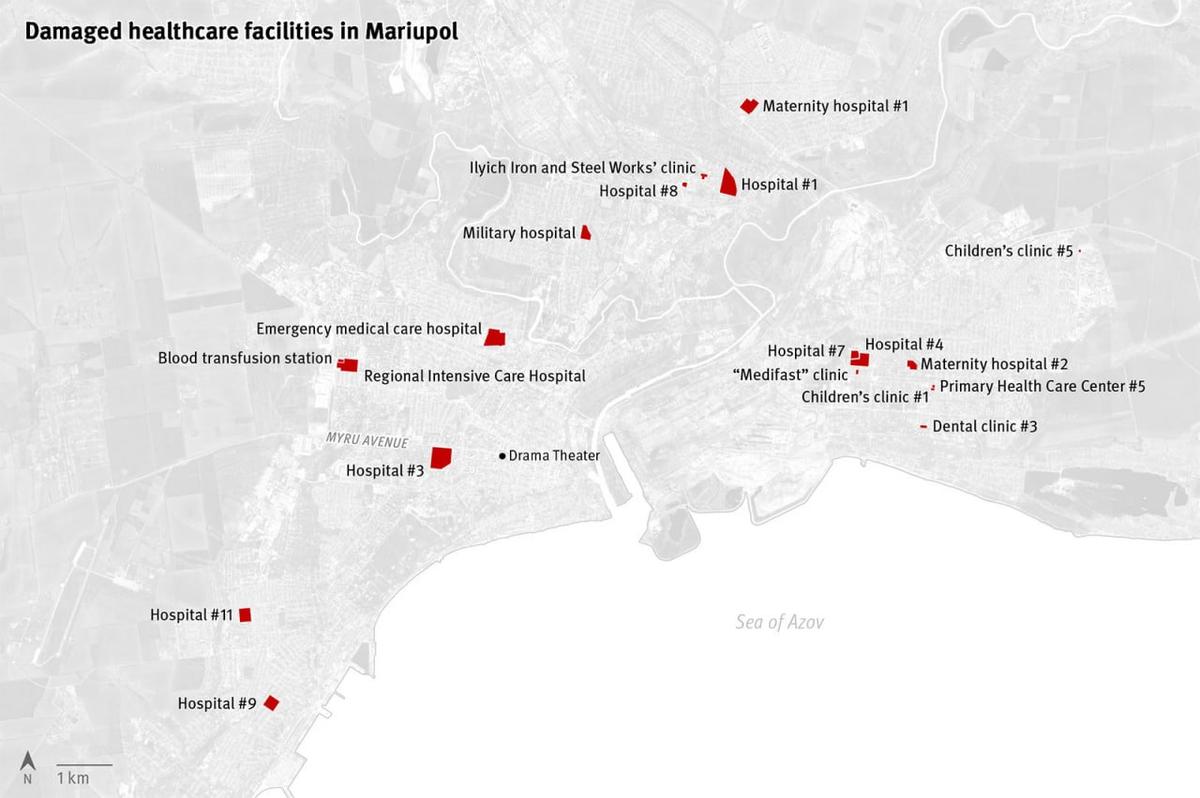 Медицинские учреждения, пострадавшие в результате штурма Мариуполя. Источник: hrw.org
