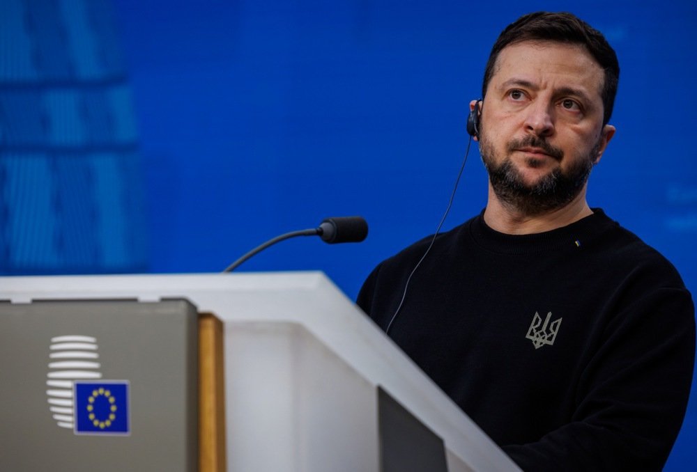 Volodymyr Zelensky holds a press conference in Brussels on Thursday. Photo: EPA-EFE/OLIVIER MATTHYS