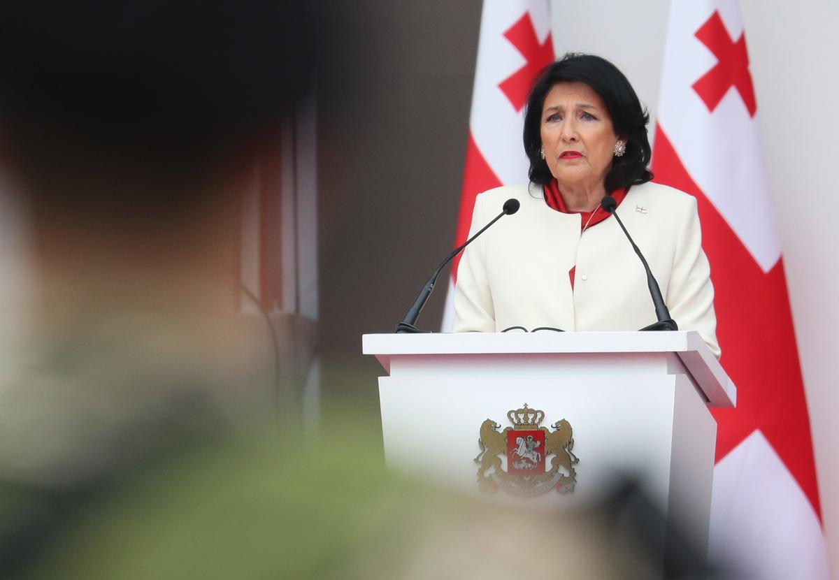 Georgia’s President Salome Zourabichvili addresses crowds during Independence Day celebrations in Tbilisi, Georgia, 26 May 2024. Photo: EPA-EFE / IRAKLI GEDENIDZE / POOL