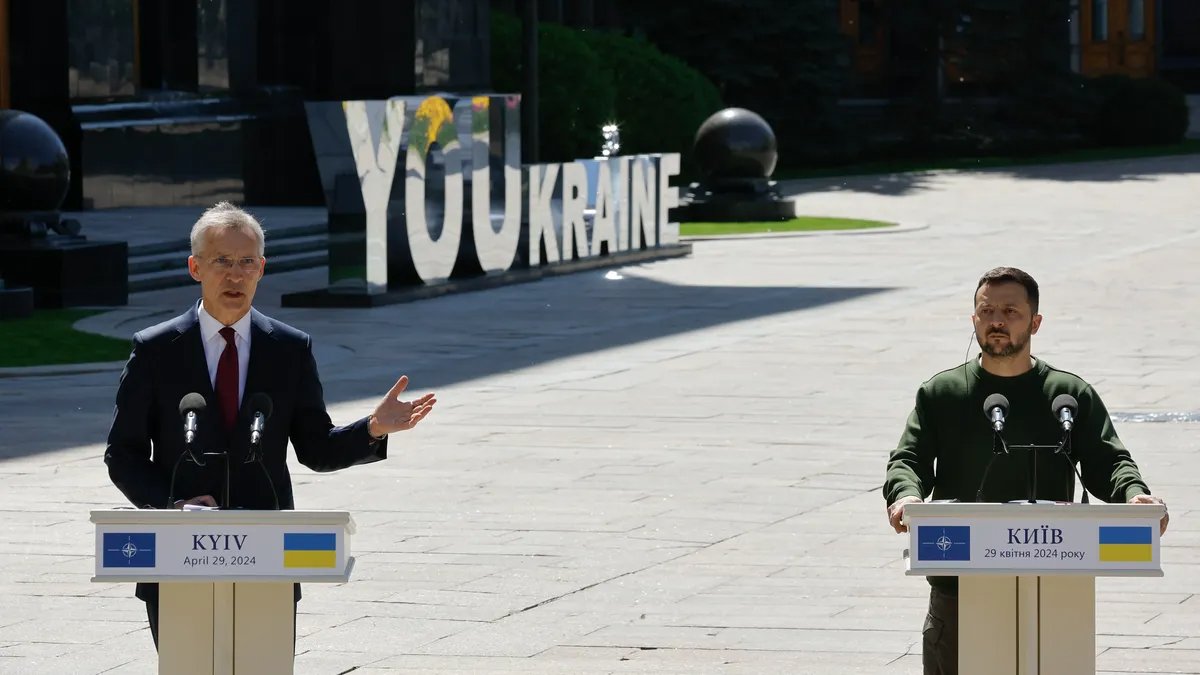 NATO Secretary General Jens Stoltenberg and Ukrainian President Volodymyr Zelensky at a joint press conference in Kyiv, Ukraine, 29 April 2024. Photo: SERGEY DOLZHENKO