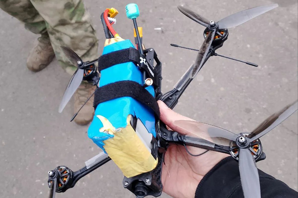 A drone found on the roof of a building that was reportedly being used as a polling station in Nova Kakhovka, 16 March 2024. Photo:  izbirkomherson  / Telegram