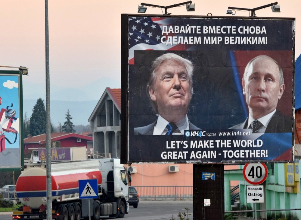 A billboard by a pro-Serbian movement shows Trump and Putin in Danilovgrad, Montenegro, 16 November 2016. Photo: EPA/BORIS PEJOVIC