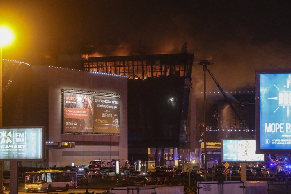 Fire rises from the Crocus City Hall concert venue following the terror attack on March 22. Photo: EPA-EFE/MAXIM SHIPENKOV