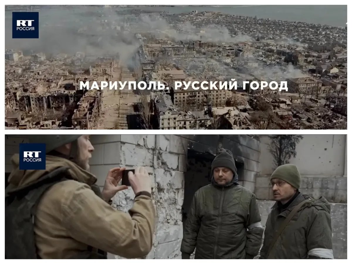 1. The opening titles of RT’s film: Mariupol. Russian City. 2. Pavel Chuprina records the mobilised musicians on his mobile phone. Screenshot:  video