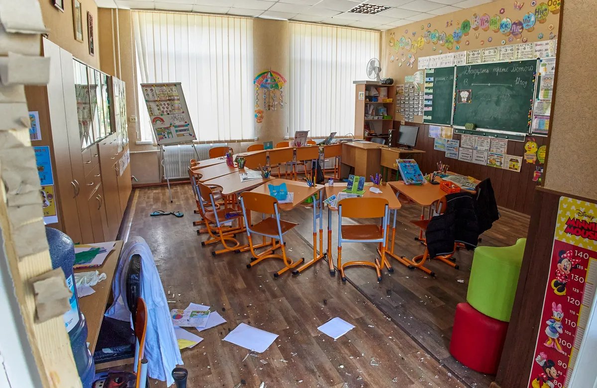 A classroom in a school for visually impaired children, damaged by Russia’s shelling, Kharkiv, Ukraine, 7 July 2022. Photo by Sergey Kozlov / epa.eu