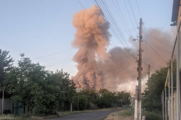 Fire at the ammunition depot in Krasny Luch. Photo taken from social media
