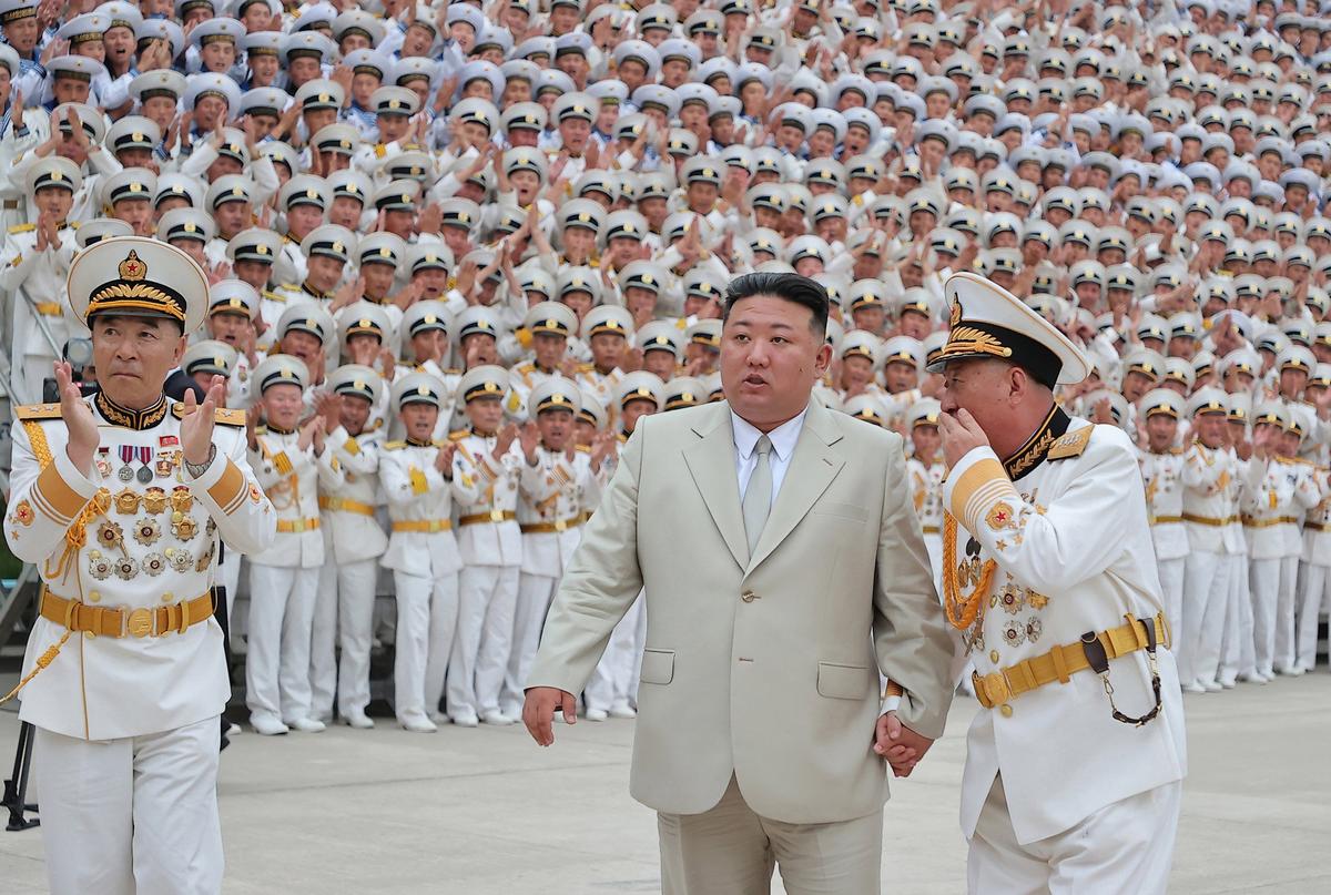 Kim Jong Un inspects naval officers as part of Navy Day celebrations, in Pyongyang, North Korea, 27 August 2023. Photo: EPA-EFE/KCNA