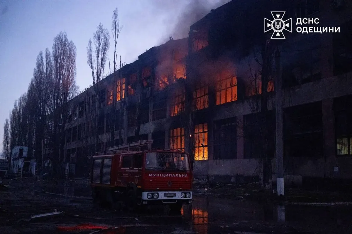 Fire-fighters tackle a blaze caused by a Russian airstrike in southern Ukraine’s Odesa region, 13 December 2025. Photo: State Emergency Service of Ukraine