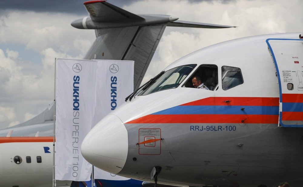 Russian Sukhoi Superjet 100 airplane on display during the Moscow International Aviation and Space Salon, 20 July 2017. Photo: EPA/SERGEI ILNITSKY