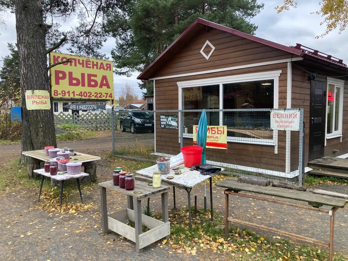 Signs selling dried fish, smoked fish, mushrooms, bath brooms. Photo: Irina Tumakova, exclusively for Novaya Gazeta. Europe