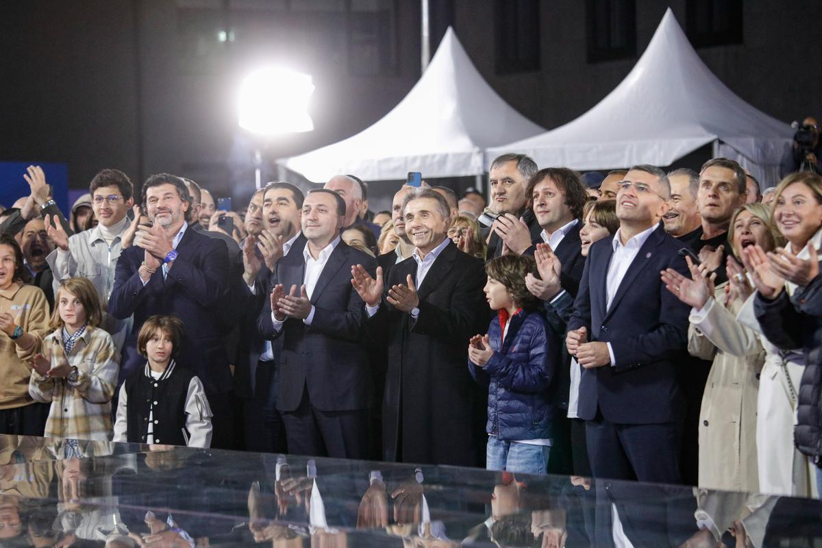 Billionaire founder of Georgian Dream Bidzina Ivanishvili (C) celebrates after exit poll results are announced, Tbilisi, Georgia, 26 October 2024. Photo: EPA-EFE / DAVID MDZINARISHVILI