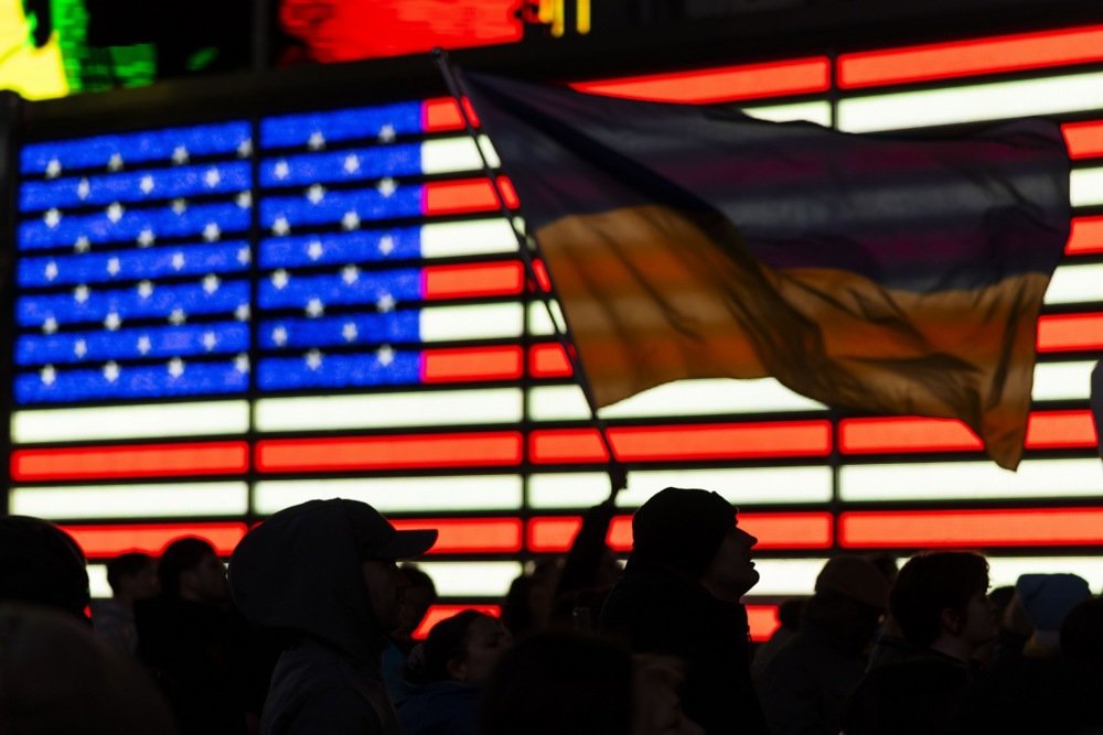 People take part in a demonstration in support of Ukraine to mark the third anniversary of the Russian invasion and ongoing war, in Times Square in New York, 24 February 2025. Photo: EPA-EFE/JUSTIN LANE