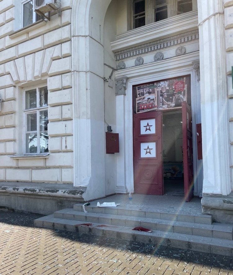 An entrance to the Black Sea Fleet headquarters following the attack. Photo: Telegram