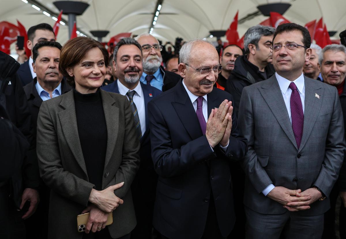 (L-R) Canan Kaftancioglu, Istanbul Provincial Chairperson of the Republican People's Party (CHP), CHP leader and Turkish presidential candidate Kemal Kilicdaroglu, and Istanbul Mayor Ekrem Imamoglu attend a public event in Istanbul, Turkey, 26 March 2023. Photo by EPA-EFE/ERDEM SAHIN