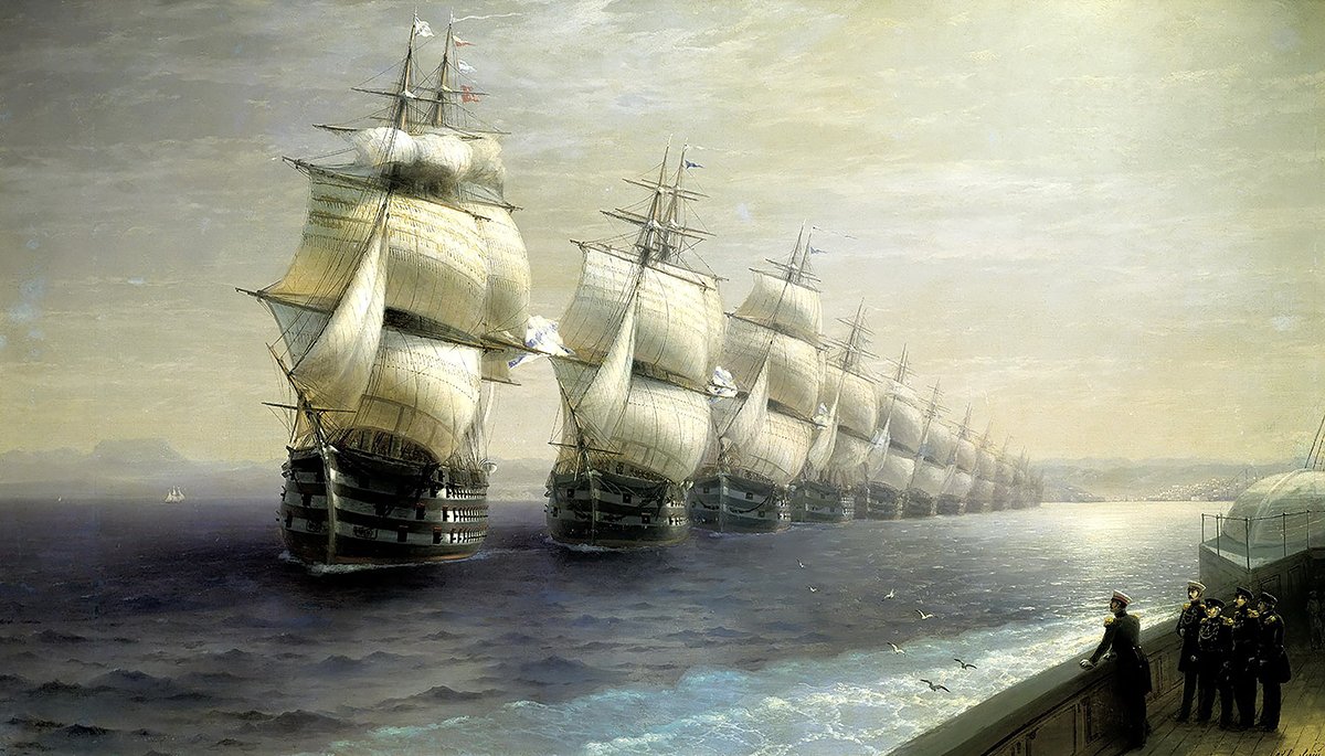 Riprodhimi fotografik i pikturës së I. K. Aivazovsky "Rishikimi i Flotës së Detit të Zi në 1849". Artisti Ivan Aivazovsky, data e krijimit 1886. Domeni publik. Burimi: wikimedia.org