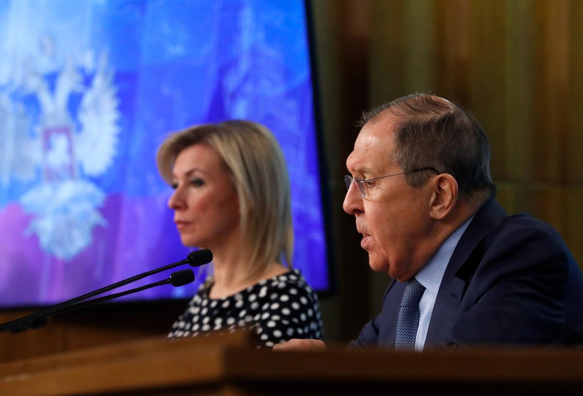 Russian Foreign Ministry spokesperson Maria Zakharova and Russian Foreign Minister Sergei Lavrov attend their annual press conference in Moscow, 18 January 2024. Photo: EPA-EFE / MAXIM SHIPENKOV