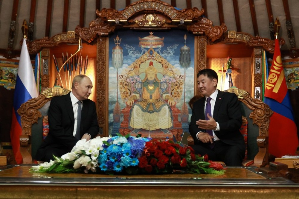 Vladimir Putin meets with Mongolian President Ukhnaagiin Khurelsukh during his visit to Ulaanbaatar, Mongolia on Tuesday. Photo: EPA-EFE/VYACHESLAV PROKOFIEV / SPUTNIK / KREMLIN POOL / POOL