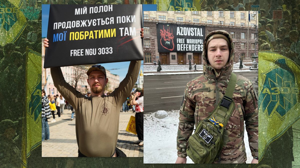 Андрей после освобождения в Киеве. Слева — на митинге с плакатом в поддержку военнопленных на Софийской площади, справа — на фоне плаката в поддержку защитников «Азовстали» на Киевской городской администрации