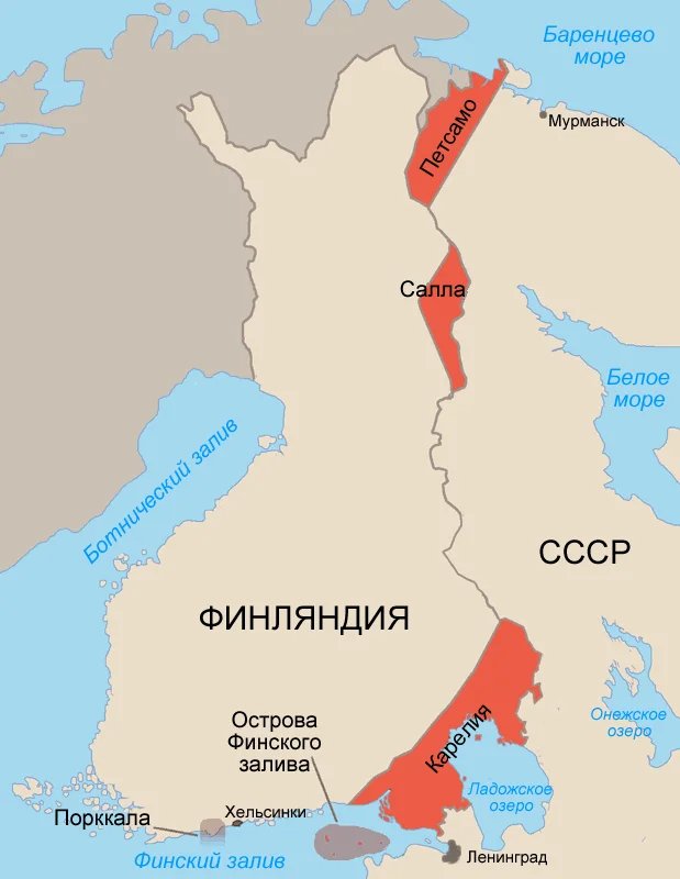 The territories that the USSR acquired after the Soviet-Finnish War of 1939-1940 and the Soviet-Finnish War of 1941-1944 are marked in red. Photo: Wikimedia Commons, CC BY-SA 3.0