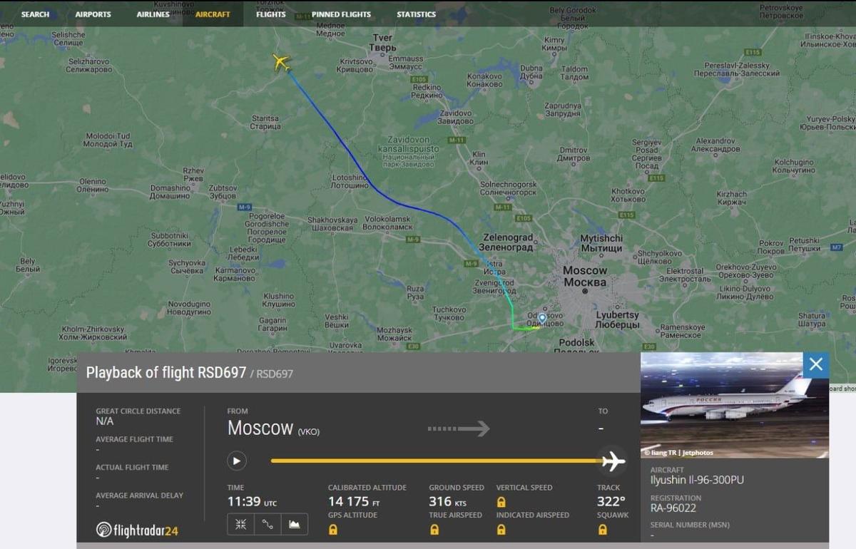 Данные о вылете самолета специального летного отряда «Россия» Ил-96 с регистрационным номером RA-96022. Фото:  Telegram