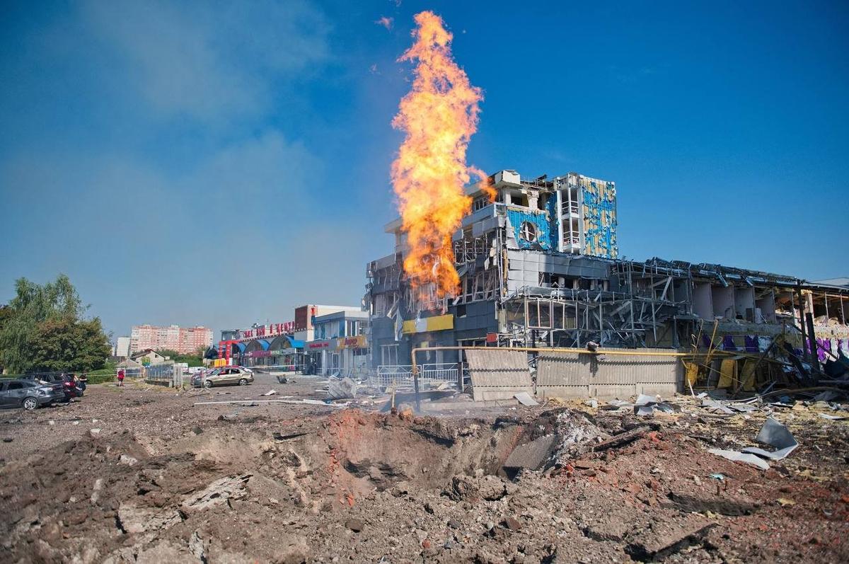 A burning shopping centre in Kharkiv following a Russian missile strike, 1 September 2024. Photo: Kharkiv Military Administration