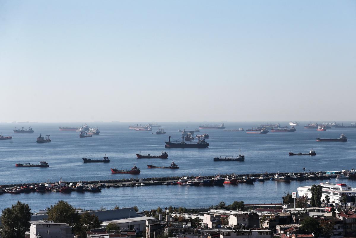 Грузовые суда, перевозящие украинское зерно, стоят на якоре в очереди на инспекцию в Мраморном море, Стамбул, Турция, 22 октября 2022 г. Фото: EPA-EFE/ERDEM SAHIN