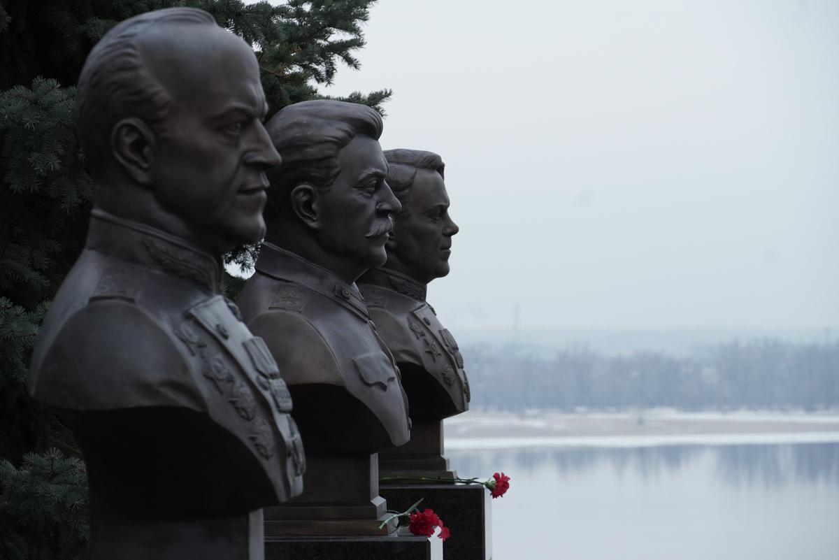 Busts of Zhukov, Stalin and Vasilevsky in Volgograd at the unveiling ceremony. Photo: Vladimir Aleksandrov / Anadolu Agency / Getty Images
