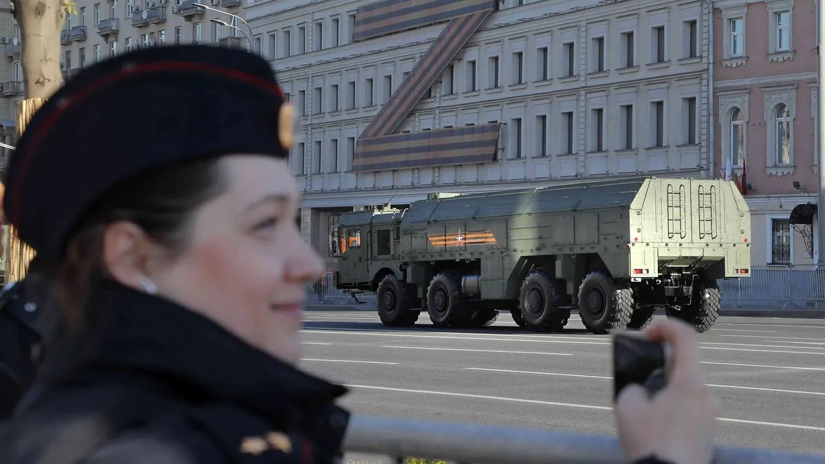 A Russian Iskander mobile short-range ballistic missile system drives along the street in Moscow, Russia, 9 May 2023. Photo: EPA-EFE / MAXIM SHIPENKOV