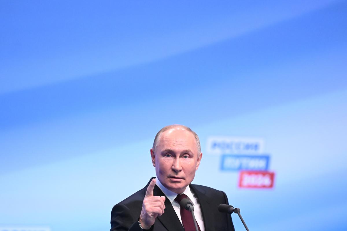 Putin speaking at a press conference in Moscow following the election results on 18 March 2024. Photo: EPA-EFE / NATALIA KOLESNIKOVA / POOL